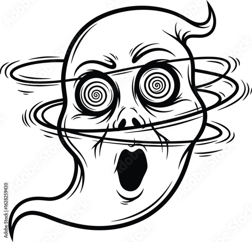 Dizzy cartoon ghost with swirling eyes and mouth agape, a spooky illustration for Halloween or horror themed designs, perfect for adding a touch of fright and fun