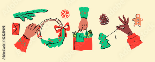 Hands with holiday preparations. Creative festive activities. Human arms actively wrapping gifts and decorating. Seasonal items like gingerbread and greeting cards. Handmade DIY holiday joy.