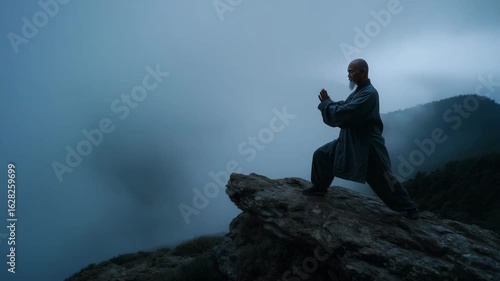 Meditative warrior practicing ancient martial arts at dawn on misty mountain peak