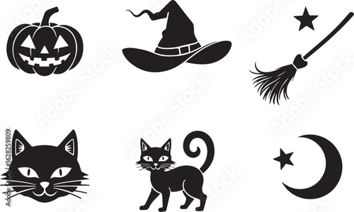 Spooky Halloween icons set with pumpkin, cat, hat, broom and moon