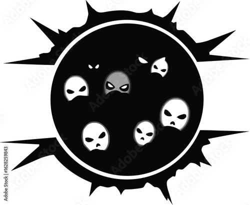 Eerie Skull Circle with Spikes, a Haunting Gathering of Spectral Faces, Symbolizing the Unseen and Mysterious Realms