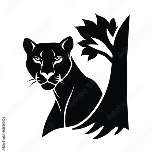 World animal day vector art of silhouette of a panther near a tree isolated