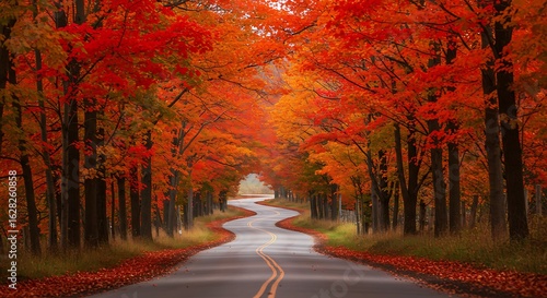 Sunny Scenery of Autumn Red Leaf Tunnel