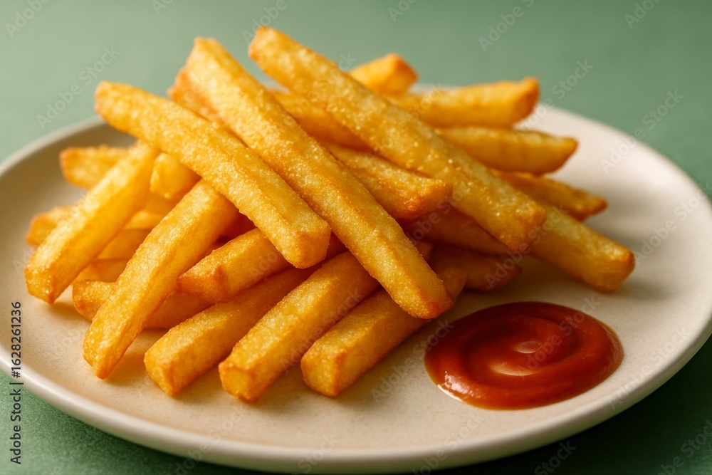 A pile of golden french fries served with ketchup on a white plate A pile of golden french fries served with ketchup on a white plate