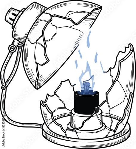 Broken lamp with blue flame, a symbol of fragility and resilience, representing the enduring power of light in the face of adversity