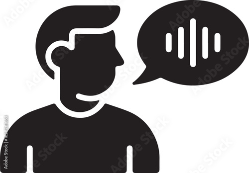 Vector icon: Person speaking, speech bubble sign, voice symbol, communication concept, minimalist style, dark mode.