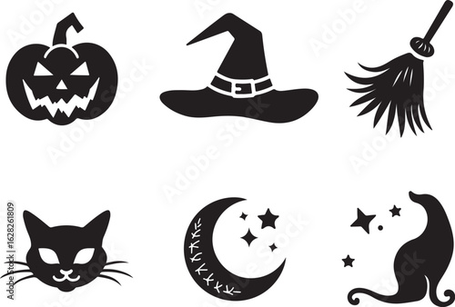 Spooky Halloween silhouettes with pumpkin, witch hat, cat, stars, moon