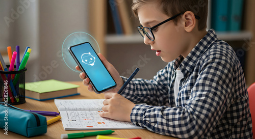 Student uses modern AI app for homework help on his smartphone, learning at home with technology