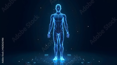 Low poly wireframe human body in full standing pose, 3D polygonal mesh with glowing edges and scattered digital particles.