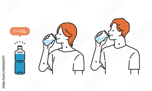 イラスト素材：水分補給に水を飲む若いシニアの男女