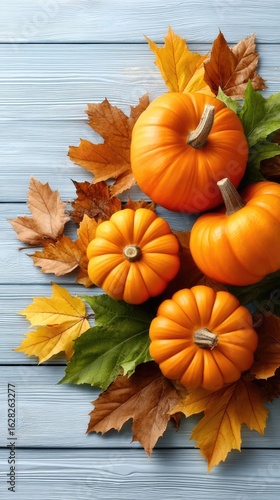 Wallpaper Mural Autumn decor featuring pumpkins and dried wheat on a wooden table against a brick wall enhances a cozy atmosphere in a rustic setting Torontodigital.ca