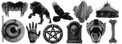 Set of scary halloween halftone grunge vector design elements