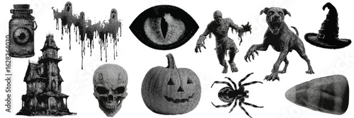 Set of scary halloween halftone grunge vector design elements