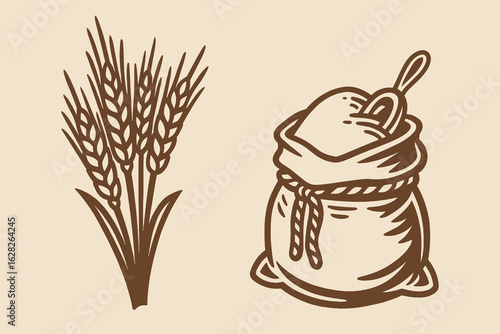 Wheat and flour bag engraving style vector illustration