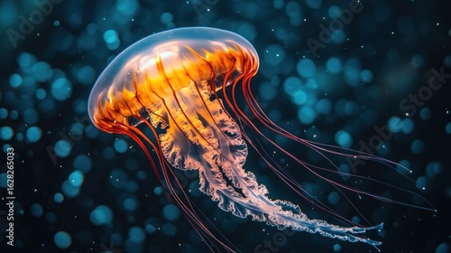 Bioluminescent jellyfish in dark ocean (1)