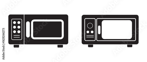 Microwave Oven Icon Set. Black and Outline Variants Featuring Left and Right Door Handles for Appliance Interfaces and Kitchen Design Assets.