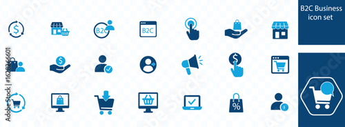 B2C icon set. Business to consumer, e-commerce, customer service, retail, digital marketing, direct sales, customer experience, online