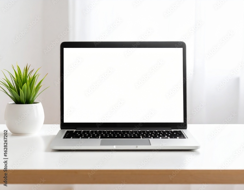 Fototapeta premium A silver laptop with a blank white screen sits on a white desk, next to a small potted plant.