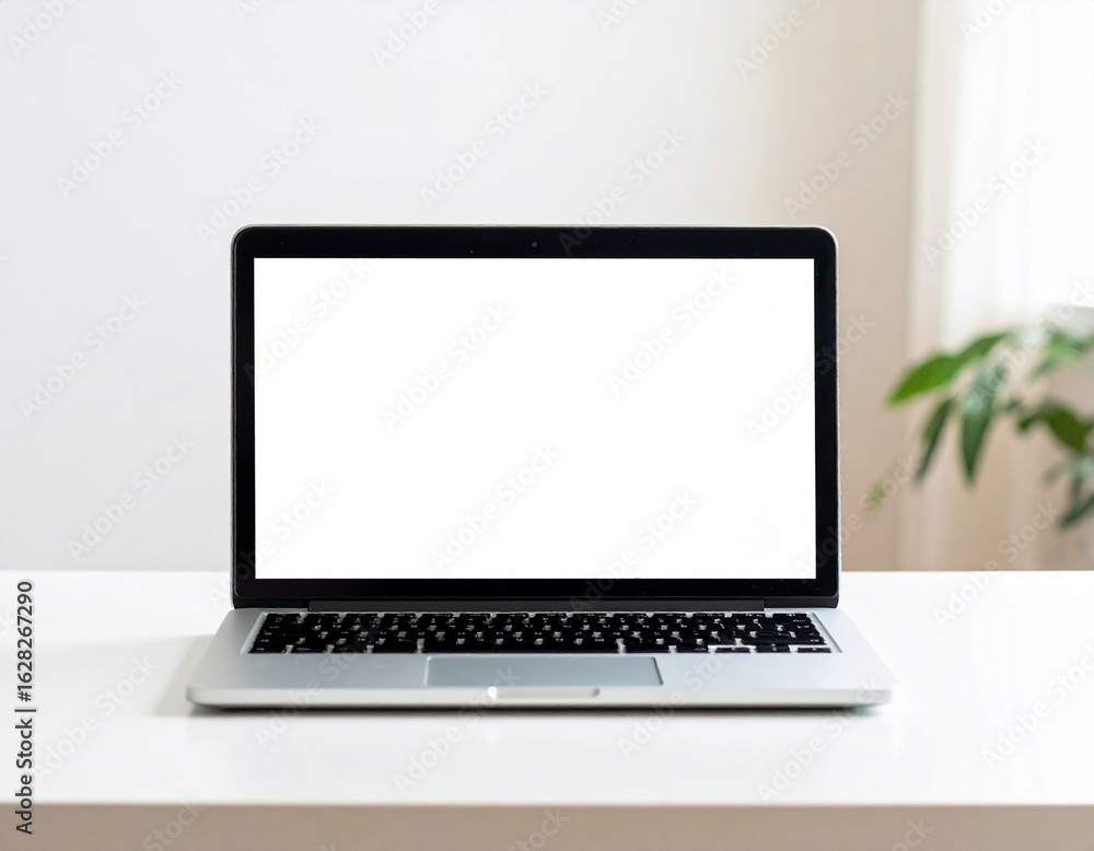 Fototapeta premium Laptop computer with a blank white screen sits on a white desk, with a plant in the background.