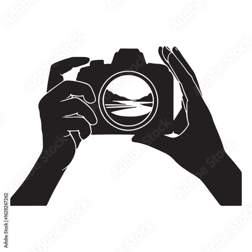 Capturing Nature's Beauty Hands Holding Camera Photographing Landscape Vector Illustration