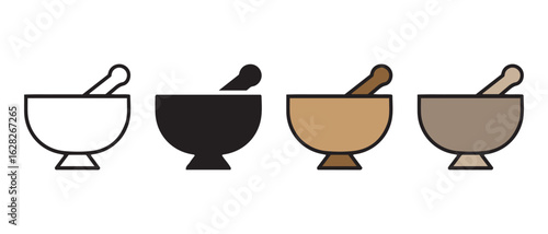 Mortar and Pestle Icon Set. White, Black, Light Brown, and Dark Brown Variations for Culinary and Herbal Themes.