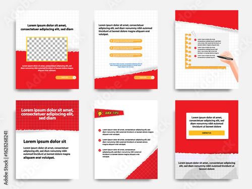 Red social media tutorial, tips, trick, did you know post banner layout template set with sticky paper note clips design element