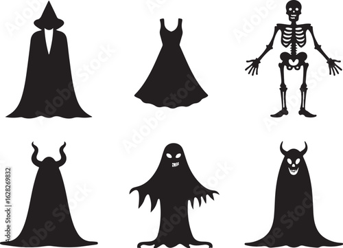 Spooky Halloween costumes featuring witch, ghost, and devil silhouettes