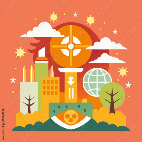 Colorful cityscape illustration with modern building and environmental design elements for urban sustainability