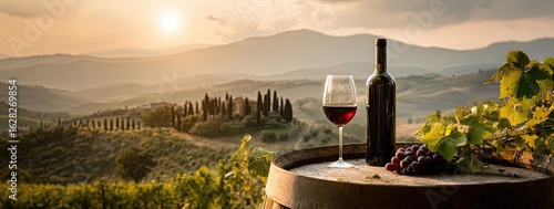 Scenic Italian vineyard at sunset with wine