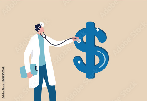 Financial checkup, diagnose income, expense and investment plan, wealth management or insurance concept, doctor using stethoscope to check on dollar money sign. 