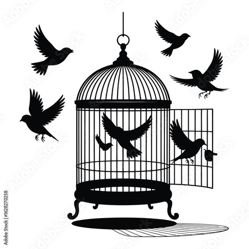 Silhouette of birds flying free from an open ornate birdcage against a white background