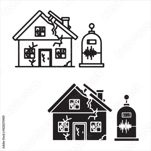 Damaged house and seismograph icon representing earthquake impact