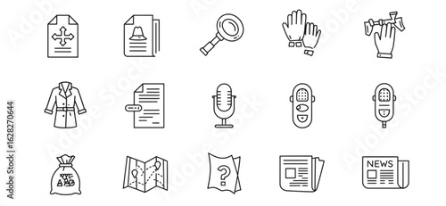 Collection of detective and investigation themed outline icons on white background