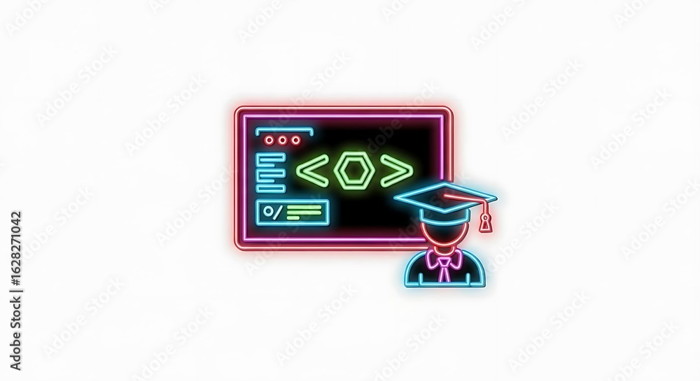 Fototapeta premium A neon sign showing code on a screen and a graduate with a cap on a white isolated background