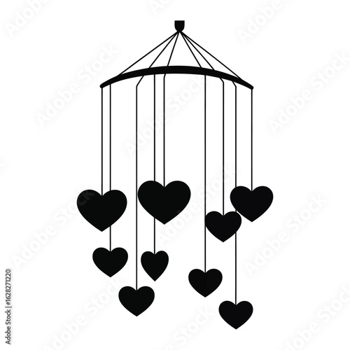 Black silhouette of a hanging mobile with multiple heart shapes suspended by thin strings