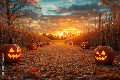 Halloween pumpkins in a corn field.