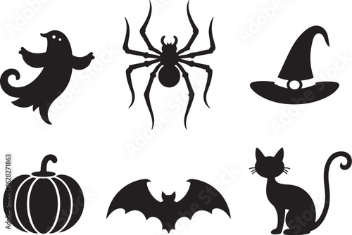 Spooky Halloween silhouettes with ghosts, bats, spiders, and pumpkins