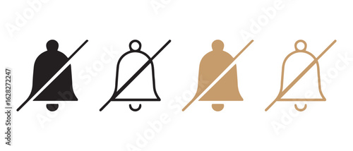 Muted Bell Icons in Black and Gold. Solid and Outline Styles for Notification UI Design.