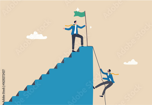 Efficient way to win business competition, productive or effectiveness work, smart easy way to reach goal, better clever solution concept, businessman winner walk up stair to win business competition.
