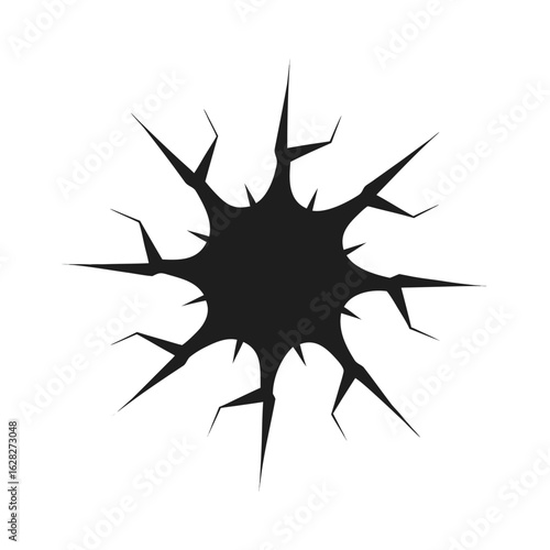 Black abstract jagged hole graphic with sharp pointed edges on a white background broken