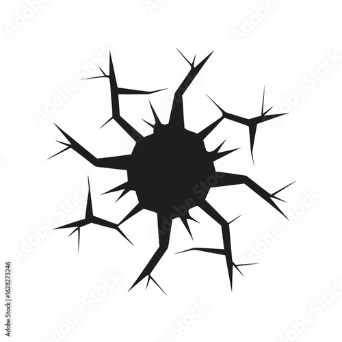 Black abstract jagged hole graphic with sharp pointed edges on a white background broken
