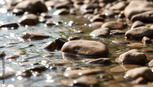 Flowing water glistens over smooth stones along a riverbank on a sunny afternoon