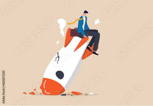 Fail start up business, new business risk or unexpected entrepreneur bankruptcy concept, depressed businessman company owner sitting on crash launching space rocket metaphor of new business failure. 