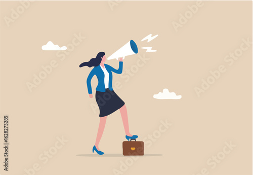 Speak up, communicate with confidence, telling the truth or presentation skill, storytelling, speaker, presentation or shout out concept, confidence businesswoman leader speak out loud on megaphone.