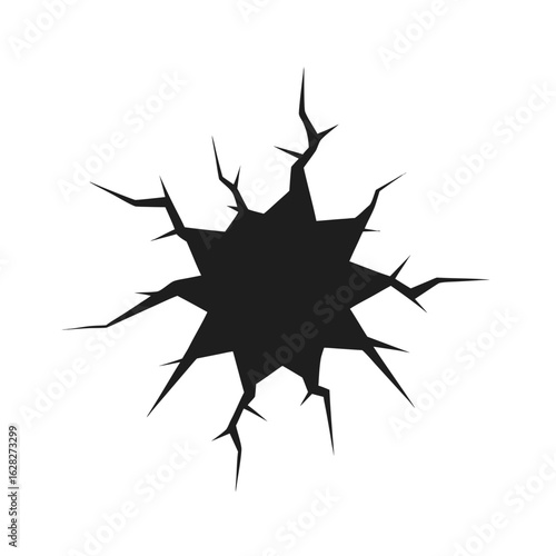 Black abstract starburst hole with sharp pointed edges on a white background broken