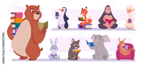 Animals with books. Cartoon cute animals holding books exact vector illustrations set