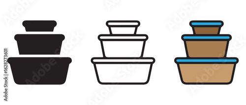 Comparison of Food Storage Container Icons. Solid, Outline, and Colored Styles.