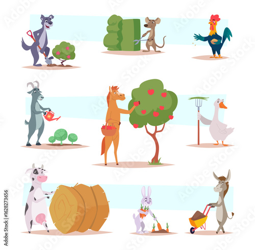 Animals in garden. Working animals harvesting vegetables exact vector cute characters collection in cartoon style
