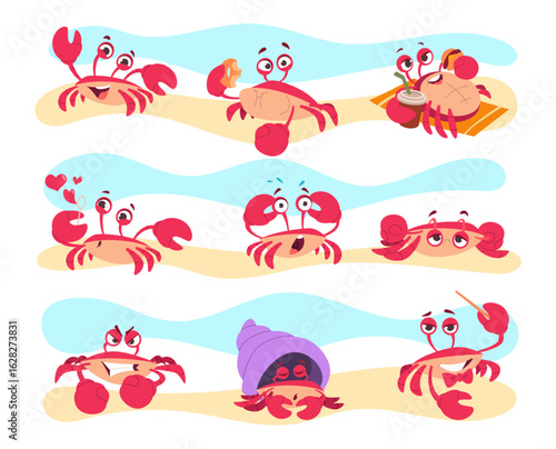 Cute crab. Ocean character in different poses and various emotions exact vector crab mascot