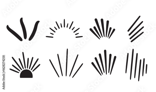 Set of hand drawn sunbursts and rays in various shapes and designs black and white